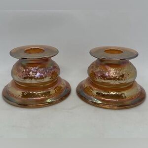 Pair Carnival Glass Federal Candle Holders Madrid Marigold